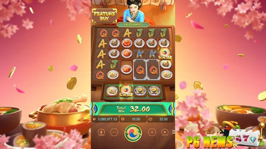 Nikmati keseruan dalam permainan slot online The Queen's Banquet dari PG Soft yang menggunakan tema kerajaan Korea, lengkap dengan ornamen tradisional, latar istana yang megah, serta simbol-simbol makanan khas seperti kimchi, sup daging, dan kue beras.